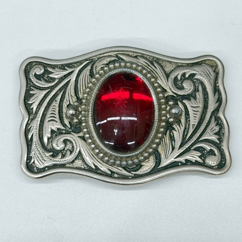 Western Belt Buckle Silver Tone Floral Scroll Red Cabochon Vintage Cowboy